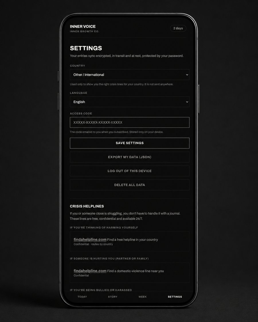 Inner Voice — Settings, showing encryption and data controls